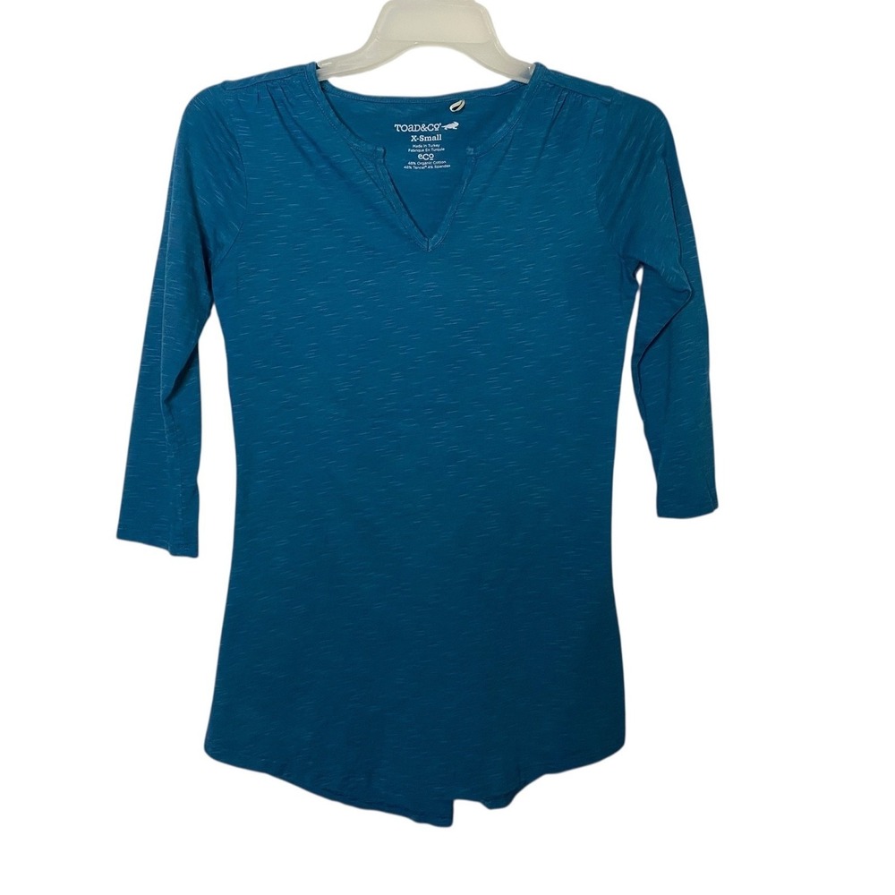 Toad & Co Women's Blue ECO Organic Cotton 3/4 Sleeve V Neck Top Blouse Size XS